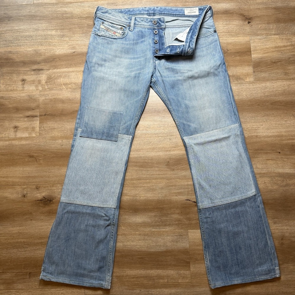 Diesel Zathan Jeans Men 33x32 Blue Bootcut Double Knee Patch Work Denim 008AT